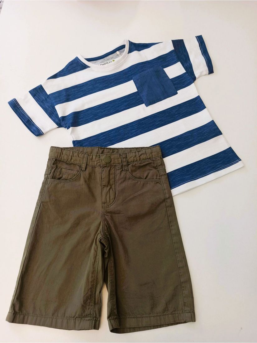 Σετ μπλούζα μαρινιέρα και βερμούδα τύπου τζιν μονόχρωμη λεπτή μπλε