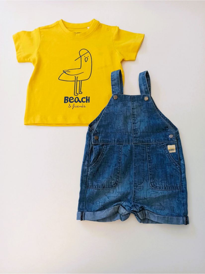 Βρεφικό σετ μπλούζα και σαλοπέτα τζιν με print γλάροι 100% οργανικό βαμβάκι κίτρινο