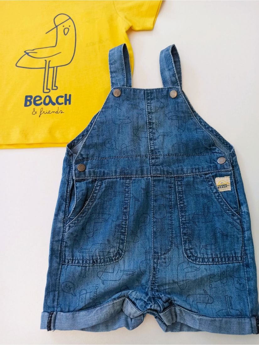 Βρεφικό σετ μπλούζα και σαλοπέτα τζιν με print γλάροι 100% οργανικό βαμβάκι κίτρινο