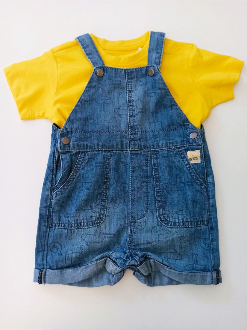 Βρεφικό σετ μπλούζα και σαλοπέτα τζιν με print γλάροι 100% οργανικό βαμβάκι κίτρινο