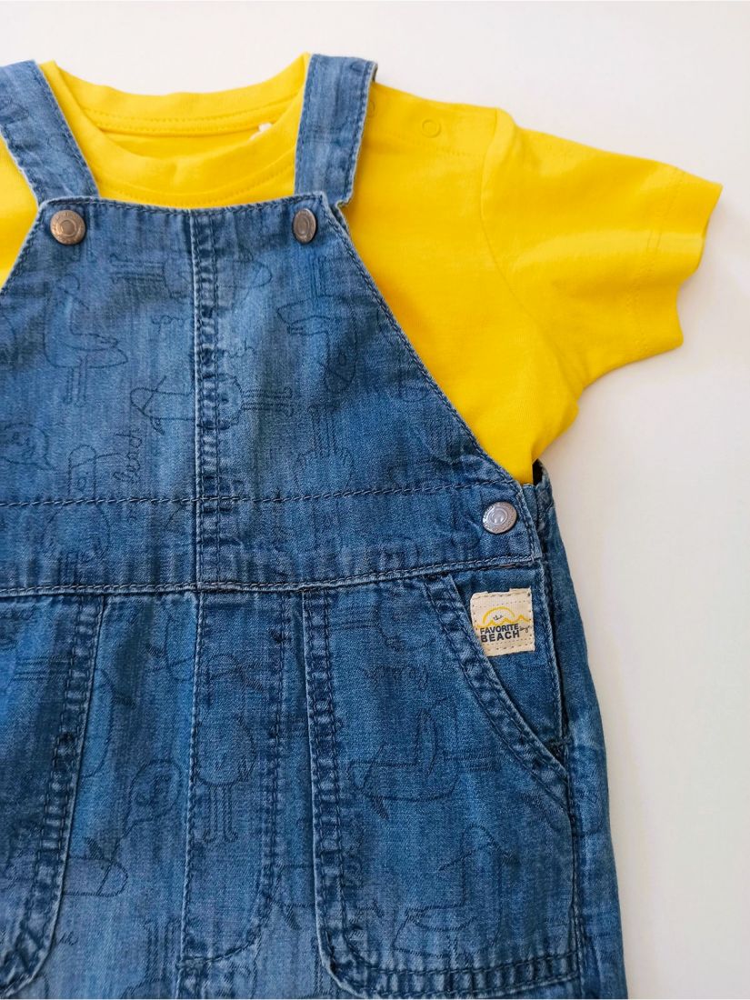 Βρεφικό σετ μπλούζα και σαλοπέτα τζιν με print γλάροι 100% οργανικό βαμβάκι κίτρινο