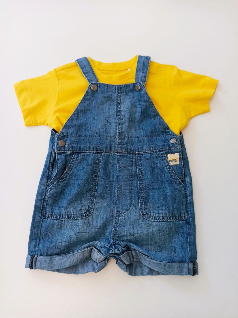 Βρεφικό σετ μπλούζα και σαλοπέτα τζιν με print γλάροι 100% οργανικό βαμβάκι κίτρινο