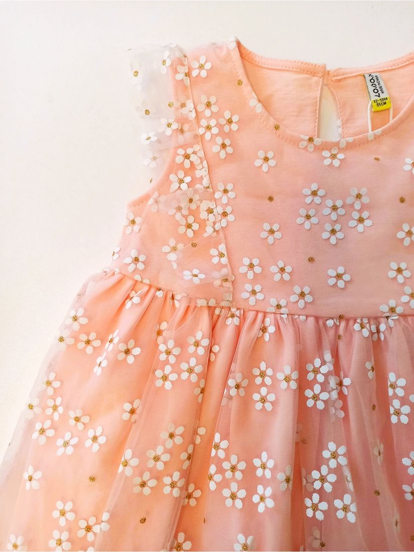Βρεφικό πριγκιπικό φόρεμα με τούλι με glitter, βαμβακερή φόδρα και βρακάκι φιγούρας ροζ