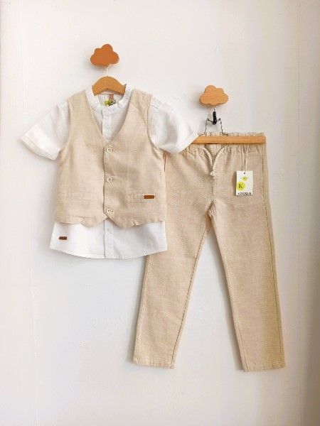 Κουστούμι λινό με γιλέκο και πουκάμισο με μάο γιακά μπεζ