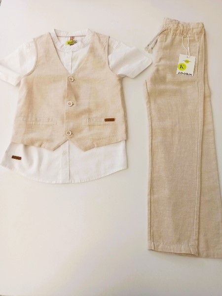 Κουστούμι λινό με γιλέκο και πουκάμισο με μάο γιακά μπεζ