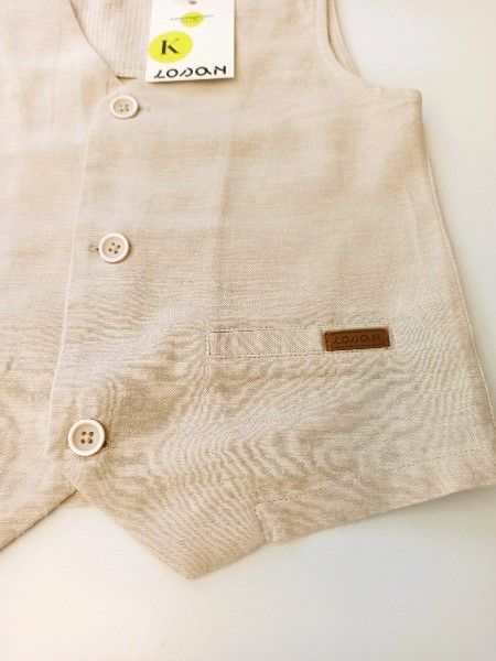 Κουστούμι λινό με γιλέκο και πουκάμισο με μάο γιακά μπεζ