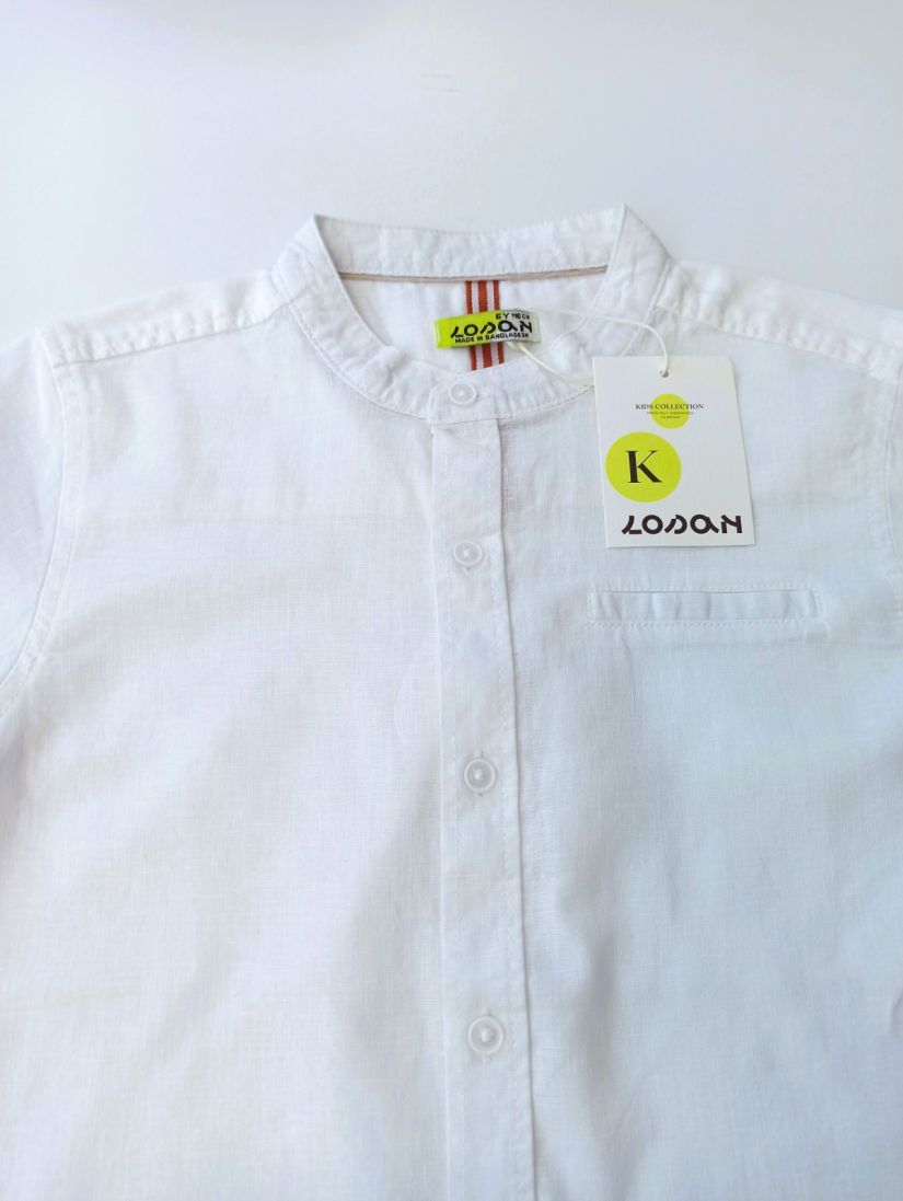 Πουκάμισο κοντομάνικο με μάο γιακά και δερμάτινή λεπτομέρεια λευκό