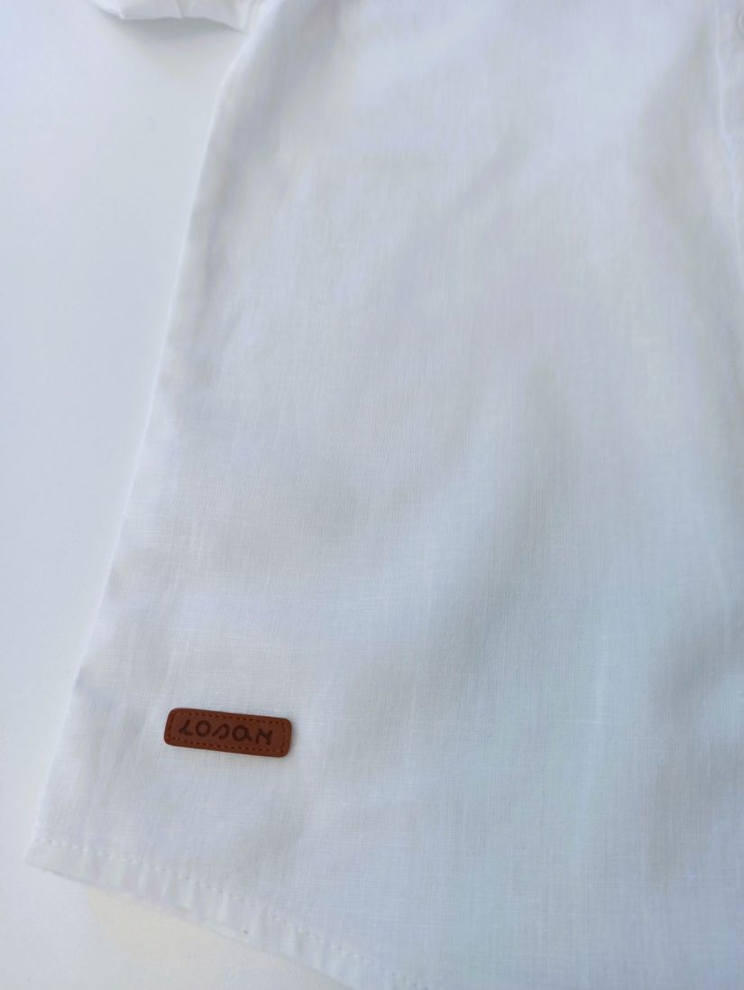 Πουκάμισο κοντομάνικο με μάο γιακά και δερμάτινή λεπτομέρεια λευκό