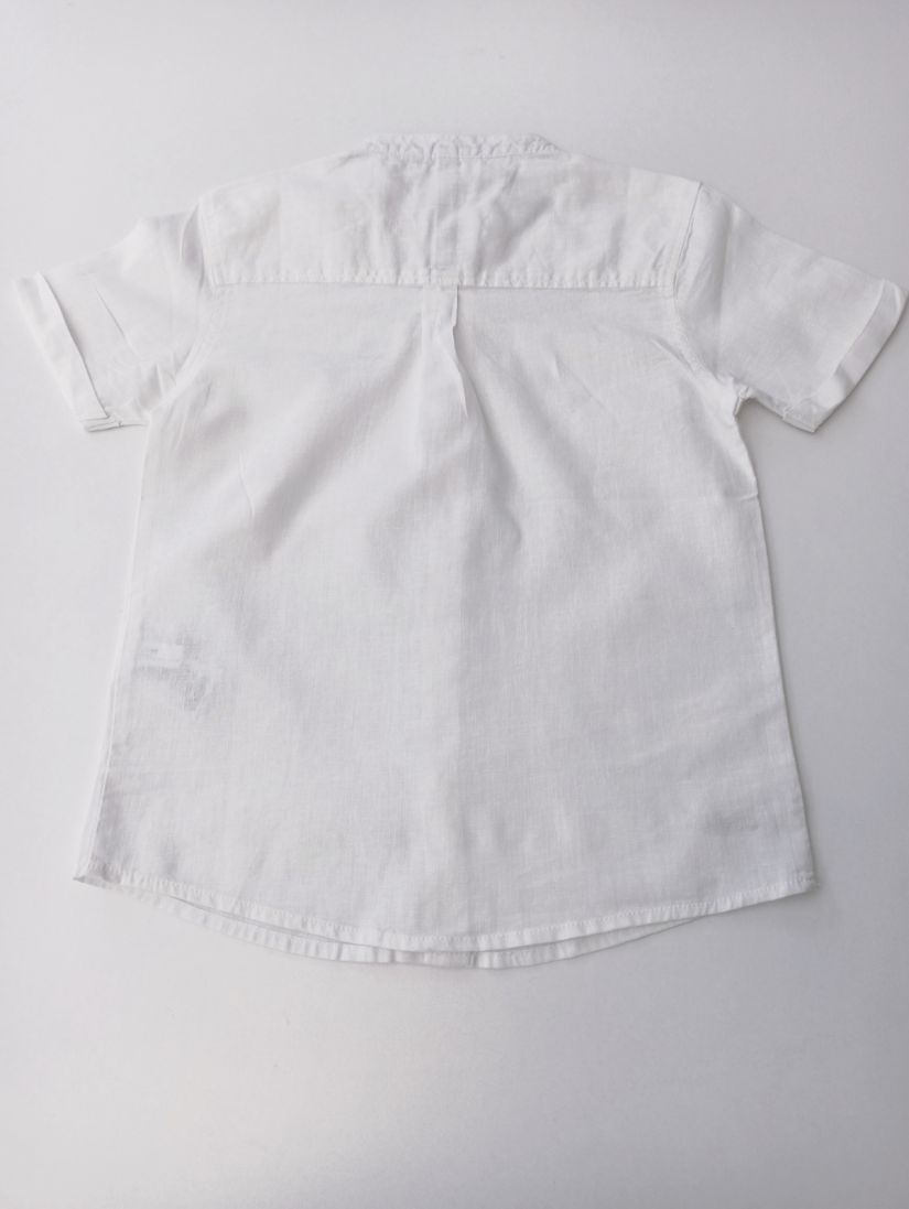 Πουκάμισο κοντομάνικο με μάο γιακά και δερμάτινή λεπτομέρεια λευκό