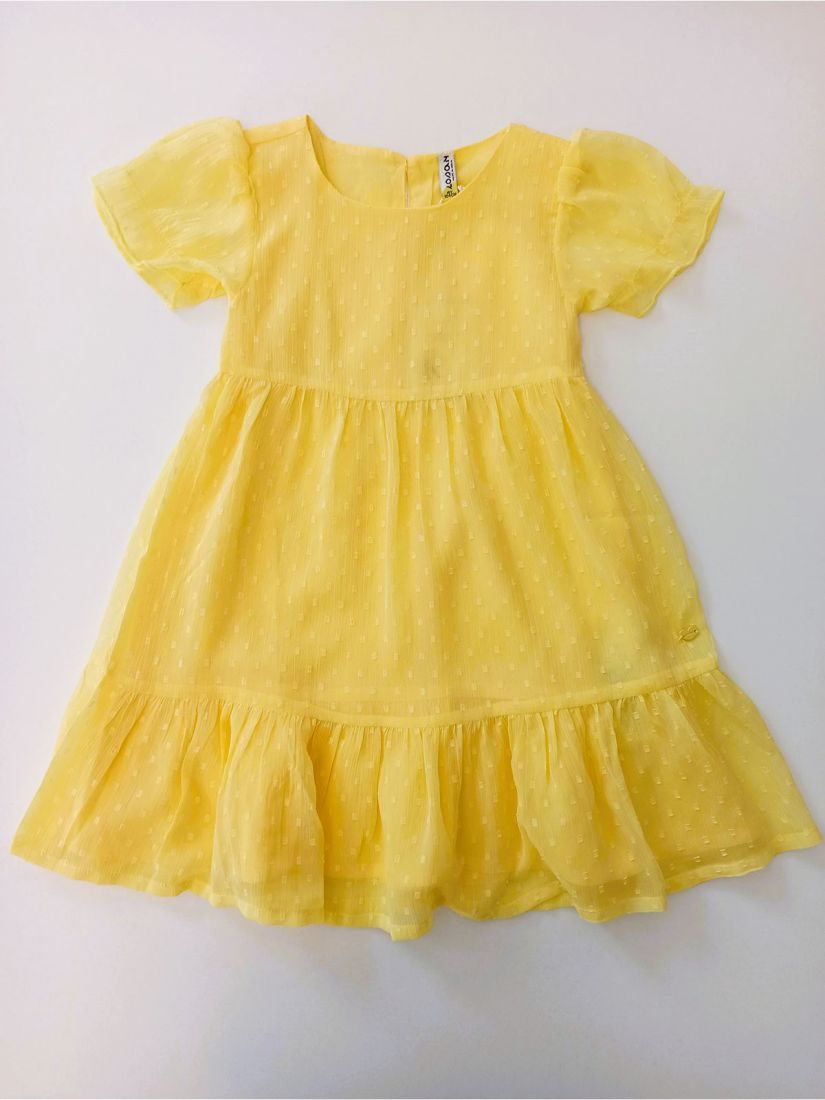 Φόρεμα ζωρζέτα με πτι πούα ανάγλυφο, βολάν και εσωτερικό φόρεμα κίτρινο