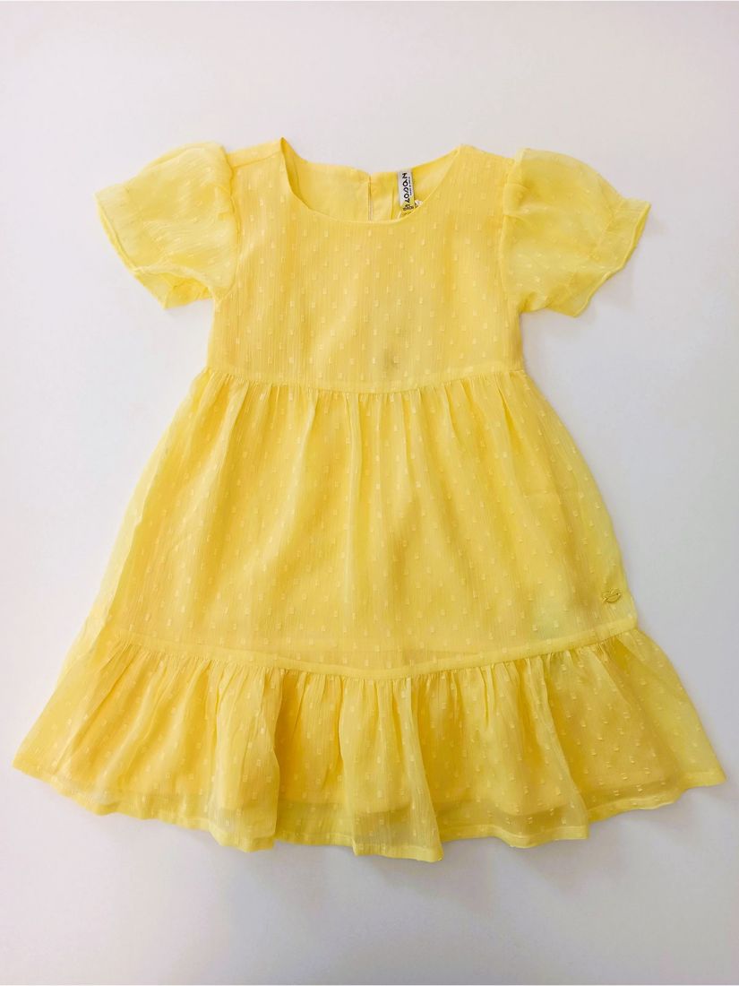 Φόρεμα ζωρζέτα με πτι πούα ανάγλυφο, βολάν και εσωτερικό φόρεμα κίτρινο
