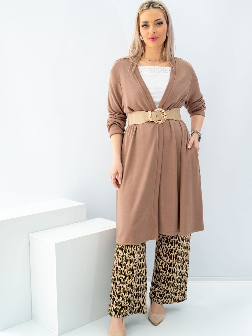 Ζακέτα πλεχτή μακριά με τσέπες στο πλάϊ και A γραμμή σοκολά