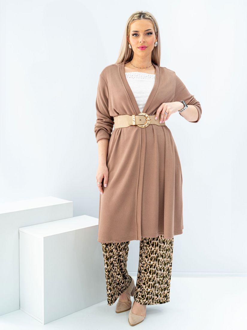 Ζακέτα πλεχτή μακριά με τσέπες στο πλάϊ και A γραμμή σοκολά