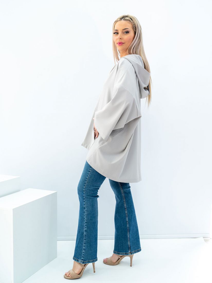 Ζακέτα φαρδιά με κουκούλα και φερμουάρ και τσέπες ελληνικής ραφής γκρι