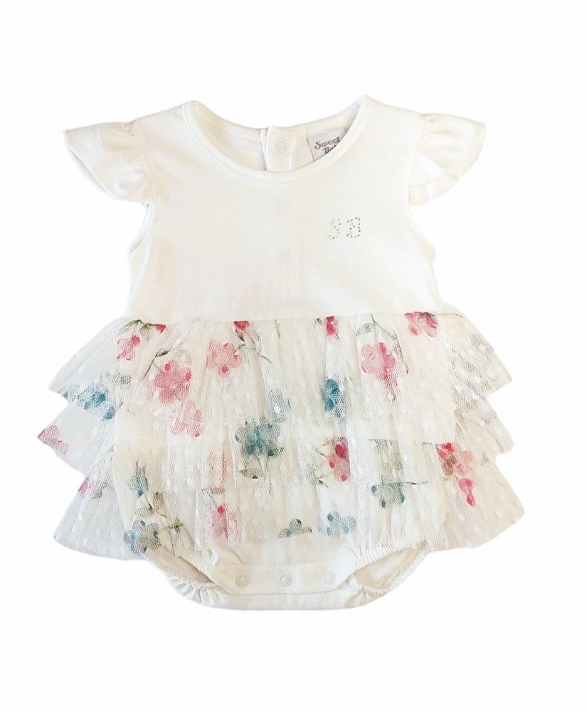 Βρεφικό φορμάκι με τούλινο φλοράλ βολάν ελληνικής ραφής λευκό