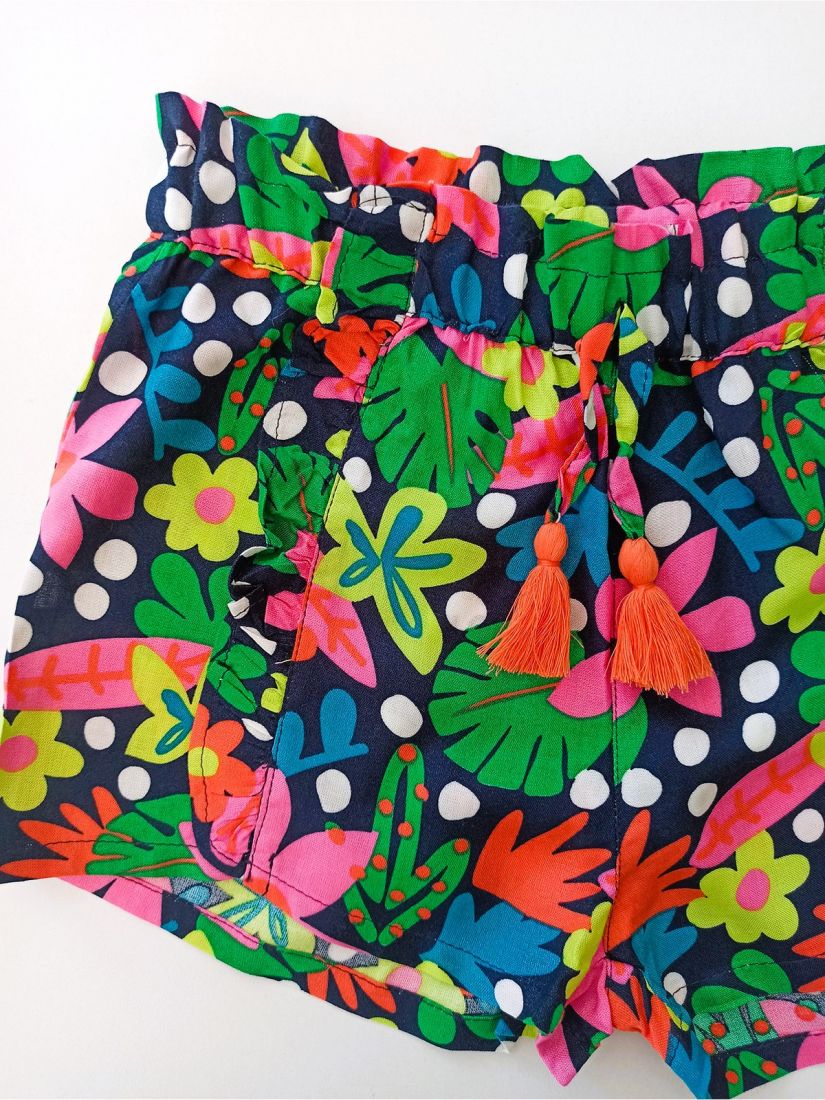 Σορτς φλοράλ με βολάν και λάστιχο στη μέση  κοραλί