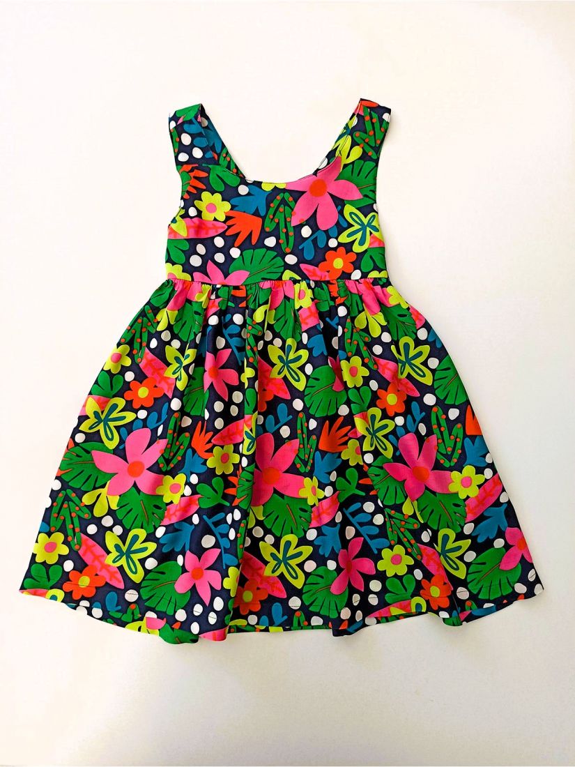 Φόρεμα φλοράλ με fluo tropical print και πλάτη χιαστή κοραλί