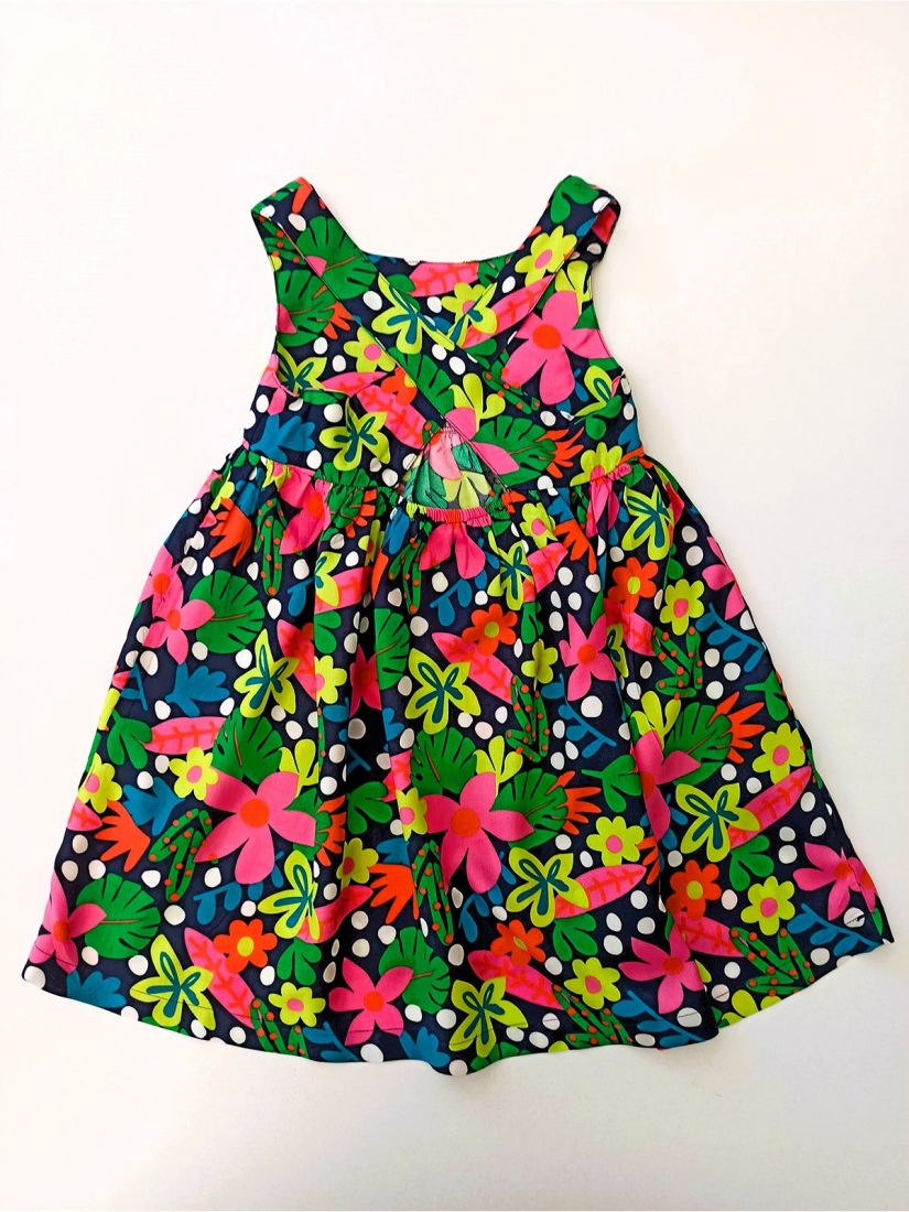 Φόρεμα φλοράλ με fluo tropical print και πλάτη χιαστή κοραλί