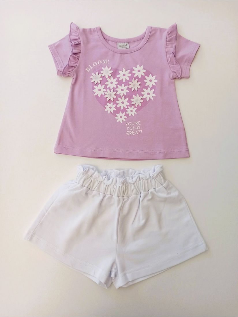 Σετ μπλούζα με βολάν και print 3D μαργαρίτες και σορτς με λάστιχο ελληνικής ραφής λιλά