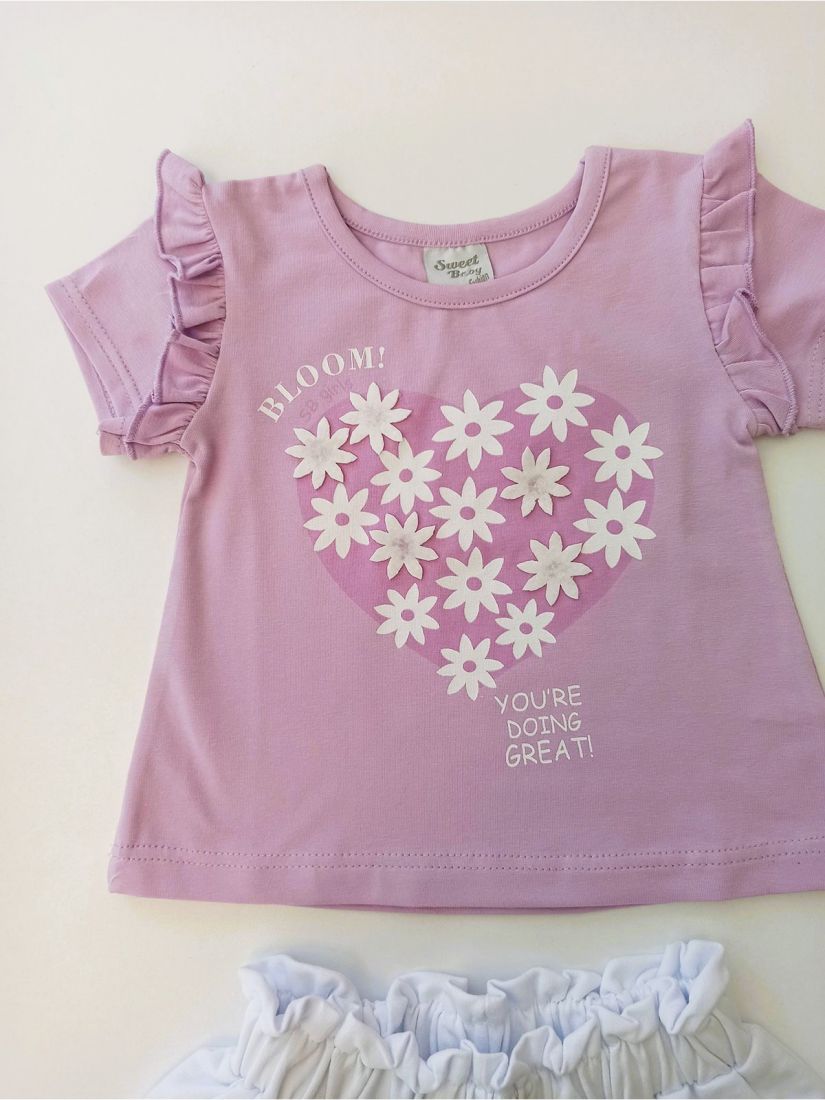 Σετ μπλούζα με βολάν και print 3D μαργαρίτες και σορτς με λάστιχο ελληνικής ραφής λιλά