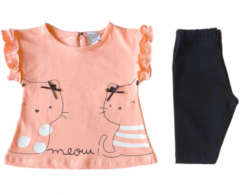 Σετ μπλούζα με print γατούλες και κολάν κάπρι ελληνικής ραφής ροζ