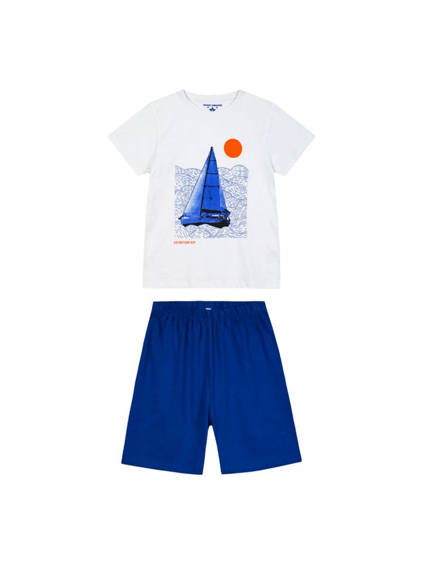 Σετ πυτζάμα βαμβακερή με print καράβι  μπλε