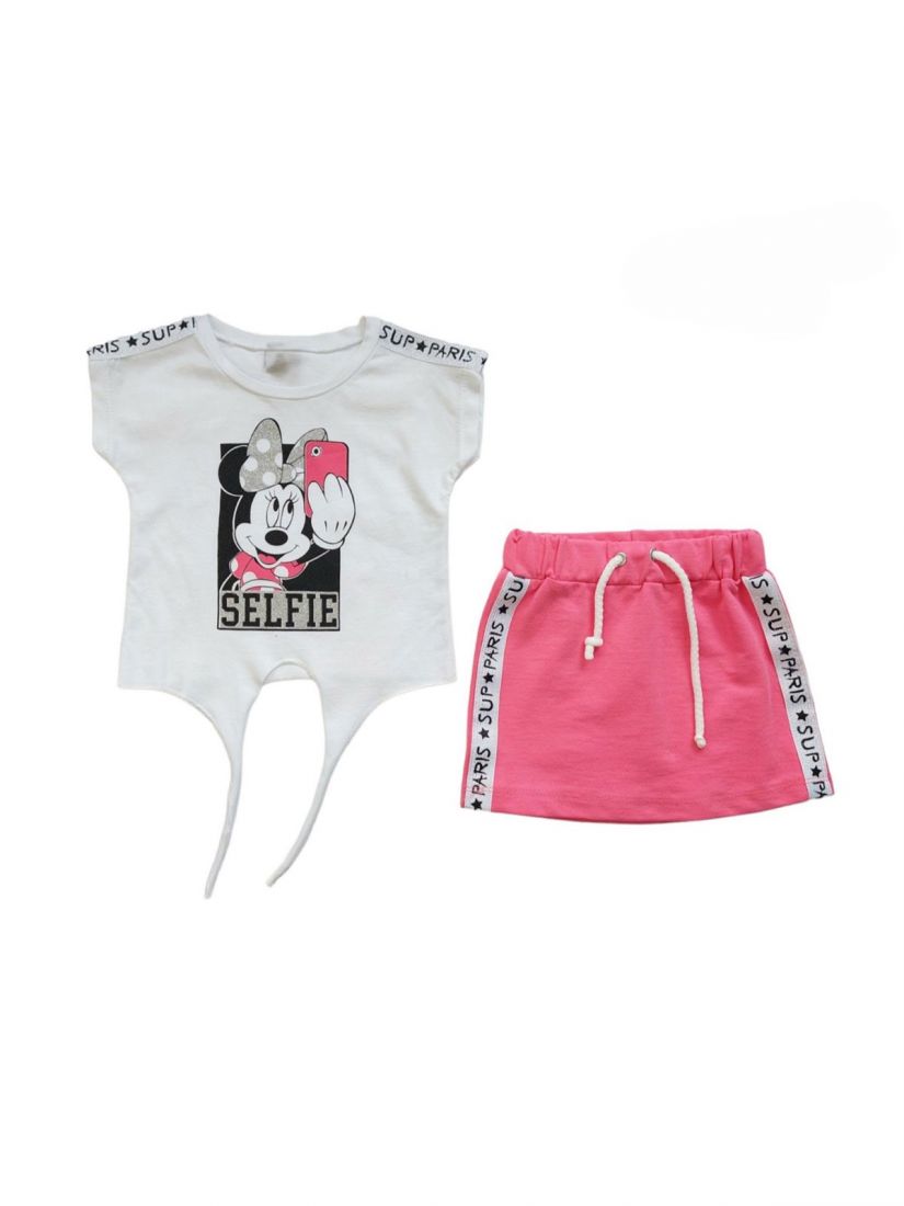 Σετ τοπ με δέσιμο και φούστα με λάστιχο ελληνικής ραφής ροζ