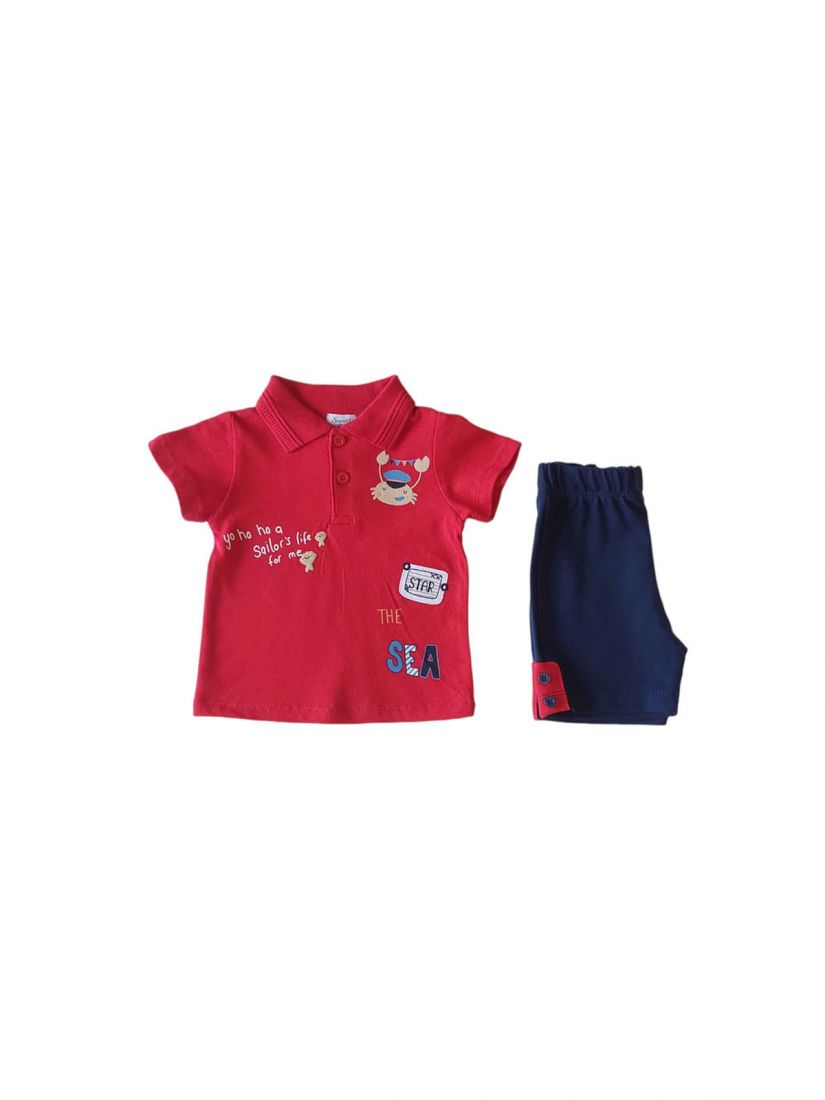Σετ μπλούζα Polo με print καβουράκι και σορτς με λάστιχο ελληνικής ραφής κόκκινο
