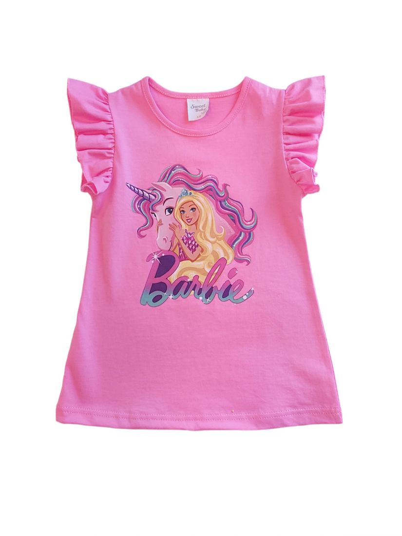 Φόρεμα βαμβακερό με τύπωμα και βολάν στο μανίκι ελληνικής ραφής ροζ