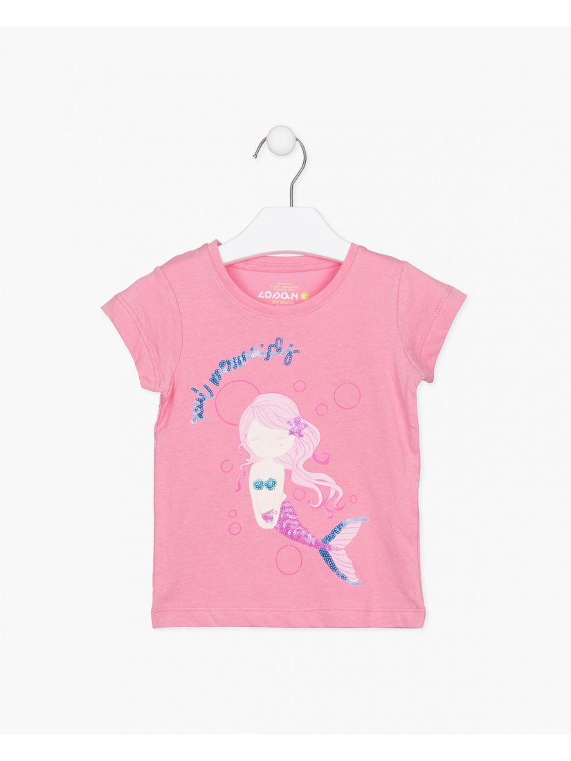 Μπλούζα κοντομάνικη με print γοργόνα με πούλιες ροζ