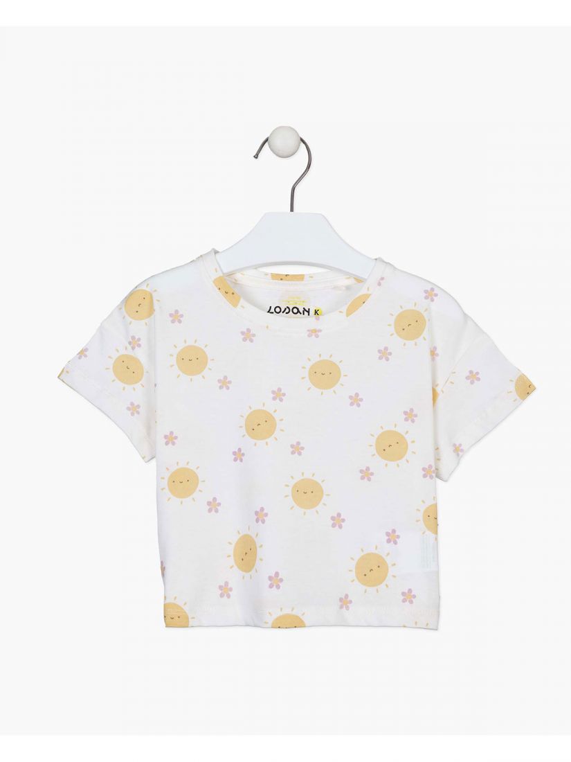 Μπλούζα κοντομάνικη κροπ με χρωματιστά prints λευκό