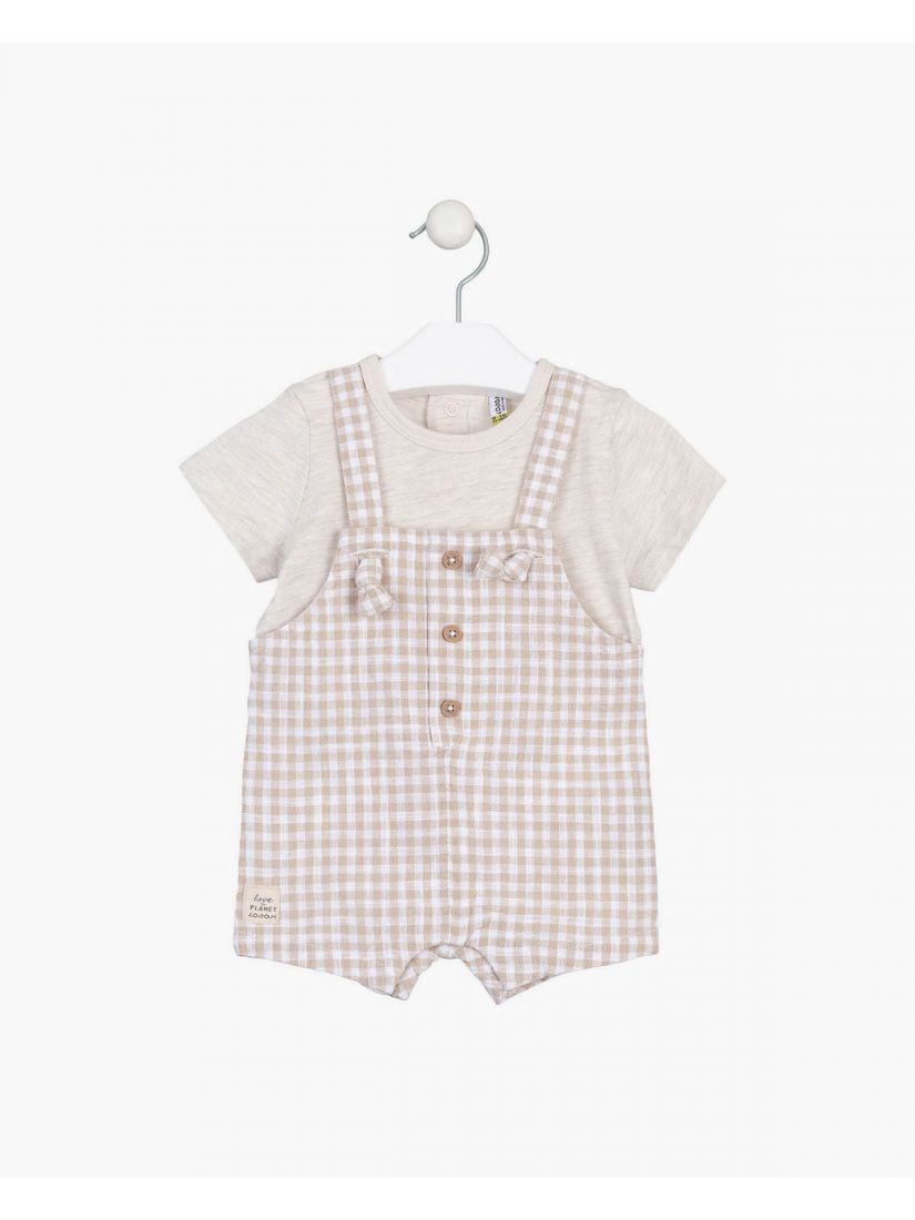 Ολόσωμο φορμάκι σορτς καρώ με τιράντες και ενσωματομένη μπλούζα μπεζ