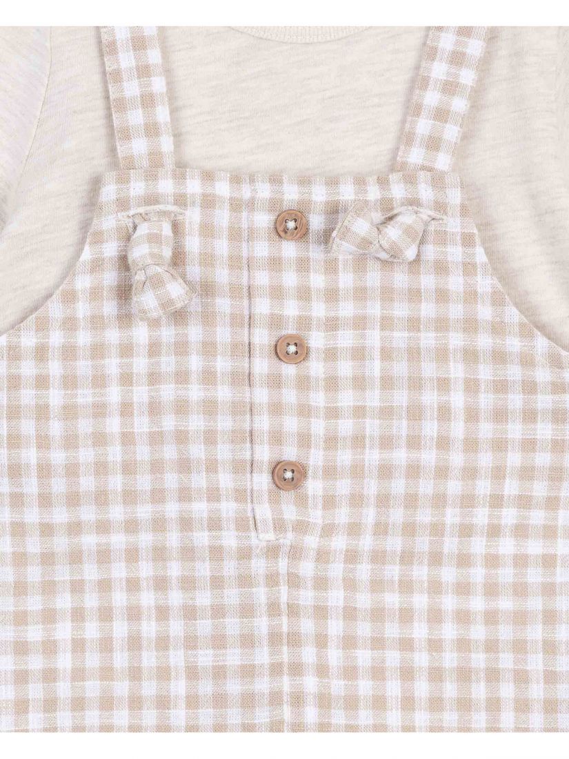 Ολόσωμο φορμάκι σορτς καρώ με τιράντες και ενσωματομένη μπλούζα μπεζ