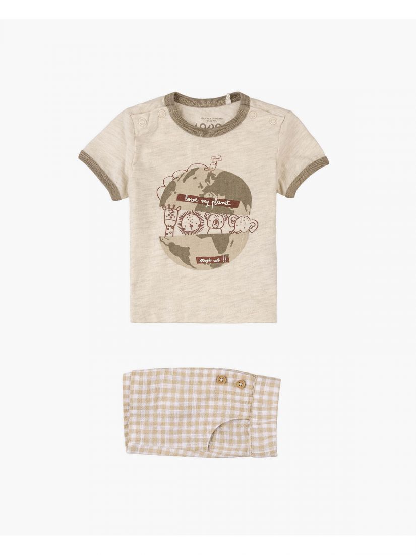 Σετ βρεφικό με καρώ σορτς και print save my planet μπεζ