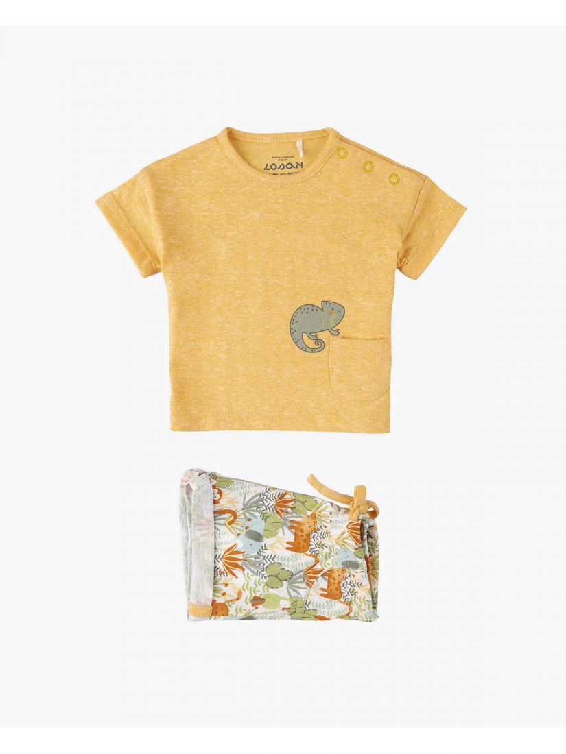 Σετ βρεφικό βαμβακερό με σορτς print jungle μουσταρδί