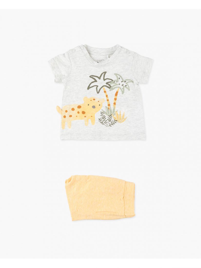 Σετ βρεφικό βαμβακερό με μονόχρωμο σορτς και print jungle μουσταρδί