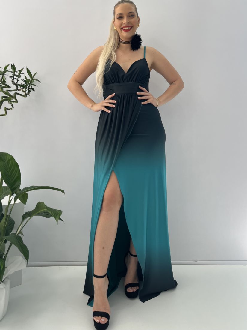 Φόρεμα μακρύ με τιράντες δίχρωμο και άνοιγμα μπροστά μαύρο