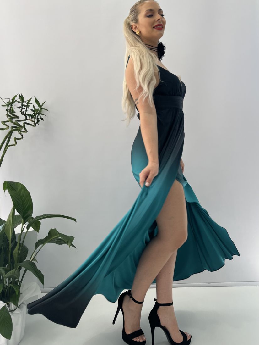 Φόρεμα μακρύ με τιράντες δίχρωμο και άνοιγμα μπροστά μαύρο