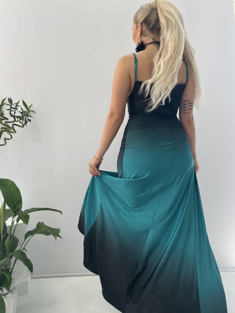 Φόρεμα μακρύ με τιράντες δίχρωμο και άνοιγμα μπροστά μαύρο