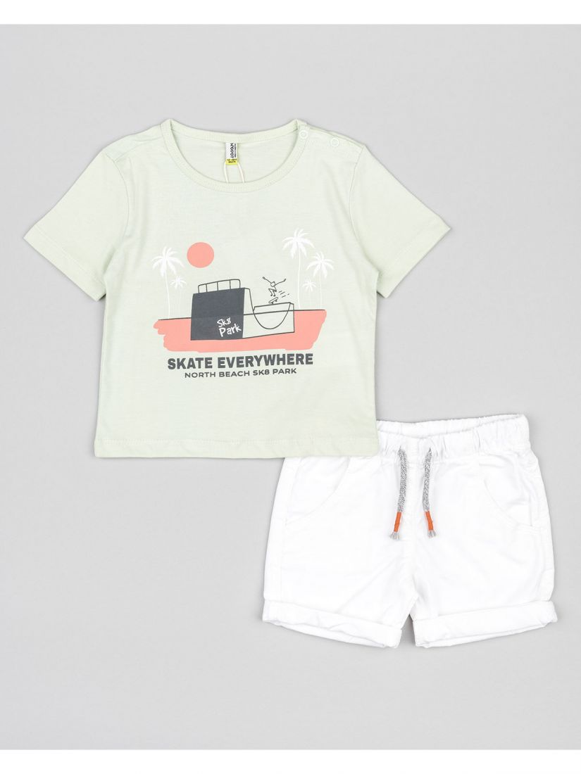 Σετ βαμβακερό μπλούζα με βερμούδα καπαρντίνα ελαστική και print skate everywhere μέντα