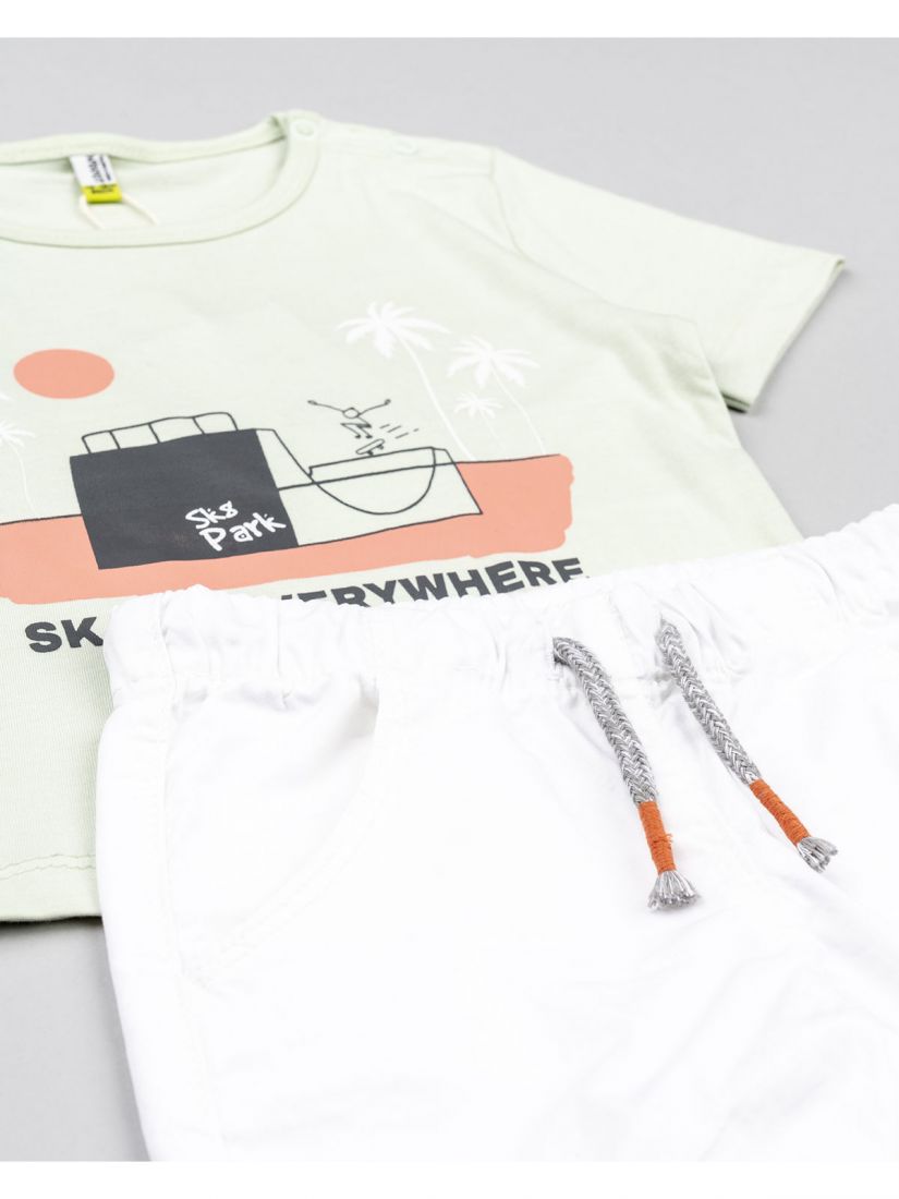 Σετ βαμβακερό μπλούζα με βερμούδα καπαρντίνα ελαστική και print skate everywhere μέντα