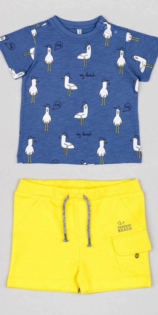 Σετ βαμβακερό μπλούζα και βερμούδα με τσέπες και print the favorite beach κίτρινο