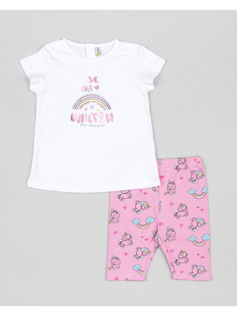 Σετ βαμβακερό μπλούζα με κάπρι κολάν και print unicorn ροζ