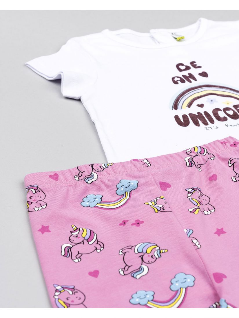 Σετ βαμβακερό μπλούζα με κάπρι κολάν και print unicorn ροζ