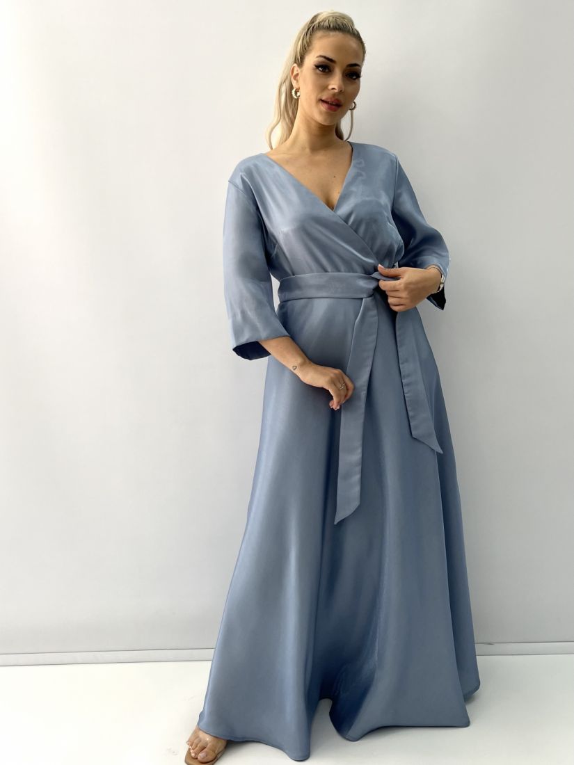 Φόρεμα μακρύ κρυσταλιζέ κρουαζέ με τρουακάρ μανίκι και ζώνη Ελληνικης ραφής σιέλ