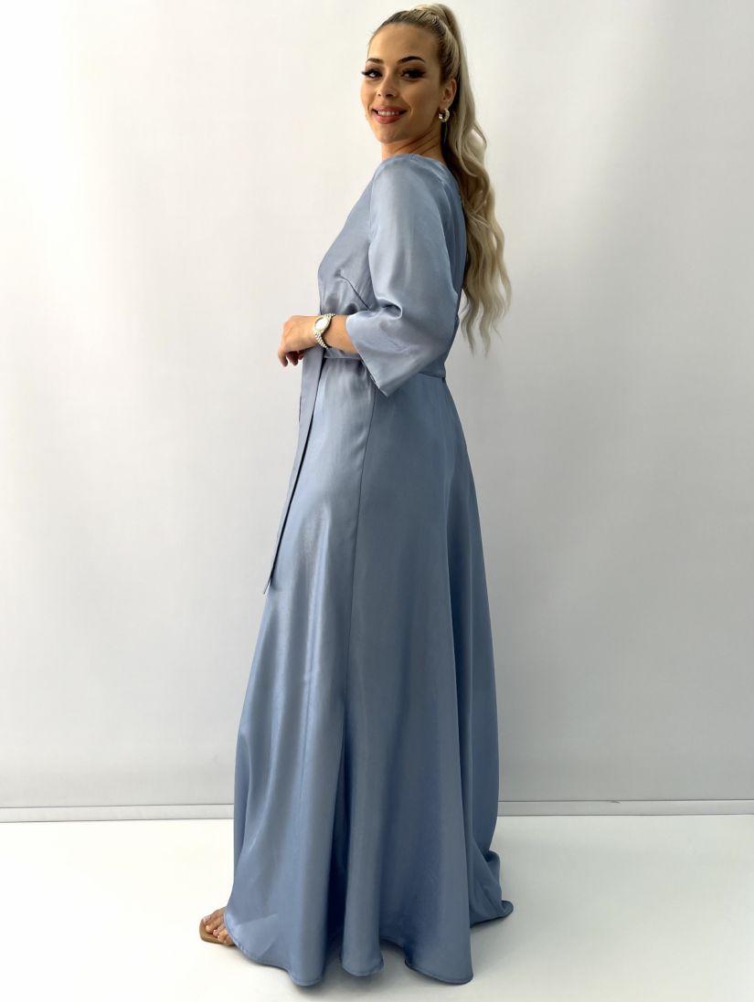 Φόρεμα μακρύ κρυσταλιζέ κρουαζέ με τρουακάρ μανίκι και ζώνη Ελληνικης ραφής σιέλ