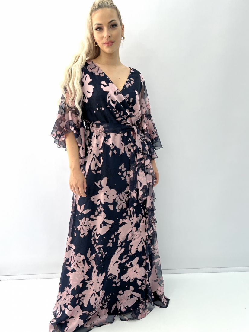 Φόρεμα ζοερζέτα μακρύ κεουαζέ με βολάν μανίκια και άνοιγμα μπροστά Ελληνικής ραφής μπλε