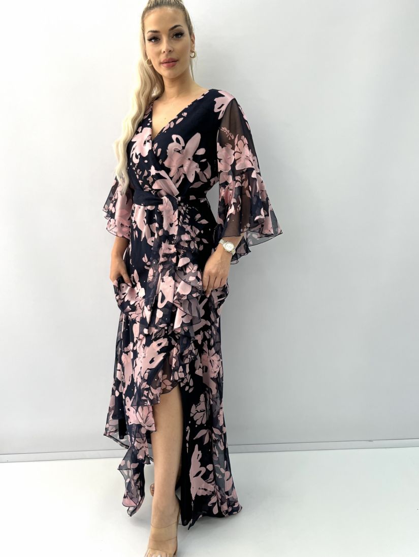 Φόρεμα ζοερζέτα μακρύ κεουαζέ με βολάν μανίκια και άνοιγμα μπροστά Ελληνικής ραφής μπλε