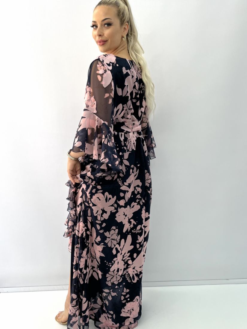 Φόρεμα ζοερζέτα μακρύ κεουαζέ με βολάν μανίκια και άνοιγμα μπροστά Ελληνικής ραφής μπλε