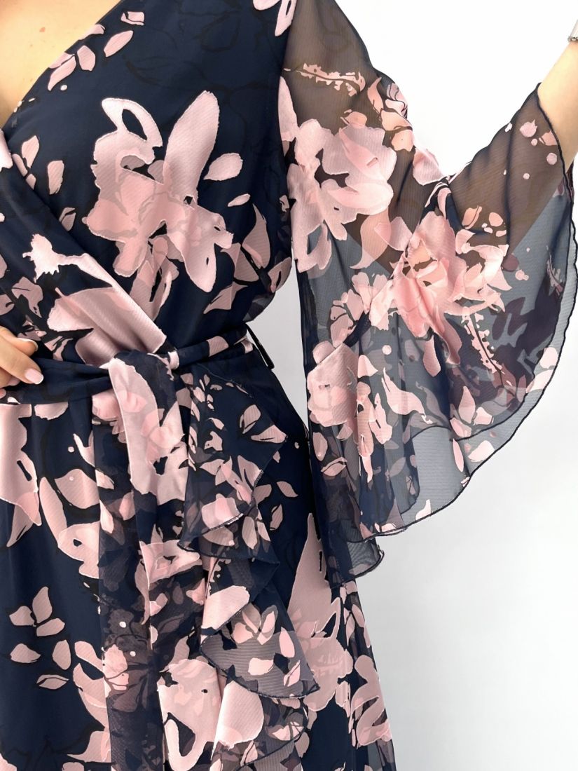 Φόρεμα ζοερζέτα μακρύ κεουαζέ με βολάν μανίκια και άνοιγμα μπροστά Ελληνικής ραφής μπλε